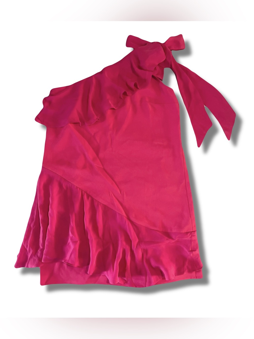Parker Eden Silk Tiered One-Shoulder Ruffle Mini Dress Hot Pink Fuchsia Size S - Picture 3 of 9